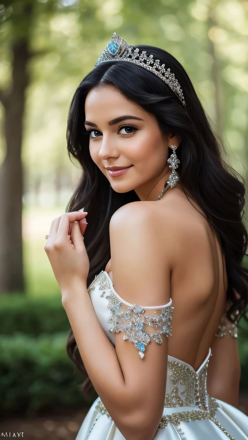 Realistic photo of the fullbody of a smiling Princess, beautiful black haired Princess with long hair, She dances in front of the camera in a long princess gown with off-shoulder straps made of shiny darkgreen satin., Crown, Park,glamour fotoshooting, Wedding celebration, perfect anatomy, perfect brown eyes. Perfect hands with 5 fingers on each hand, Suitable woman , looking at the camera, 1 Frau. (Eye make up:1.1), (highly detailed skin:1.1), spirit, analog style, keen focus, 8K  UHD, dslr, good quality, Fujifilm XT3, Grain, Award-winning, ​masterpiece. Ball