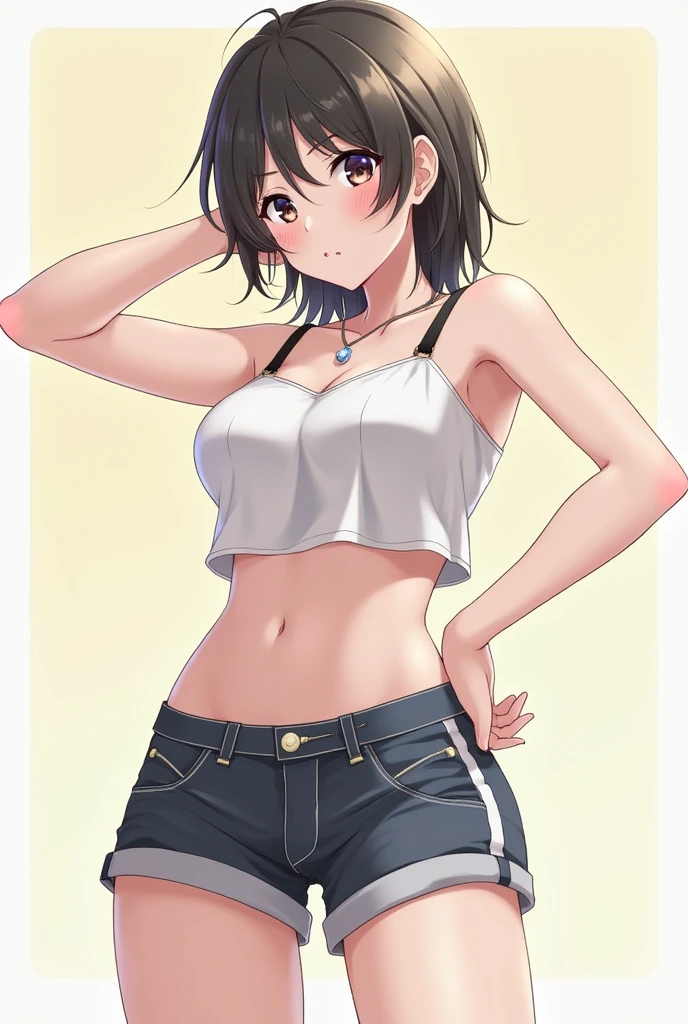 (masterpiece, best quality)),((highres:1.2)), 1 Girl, solo, Blurred Background, (((Small breasts))), Thighs, (Groin), gray stripe underwear, (long T-Shirts:1.3), (pixie cut:1.3), [[navel]], cheek, Excited pose