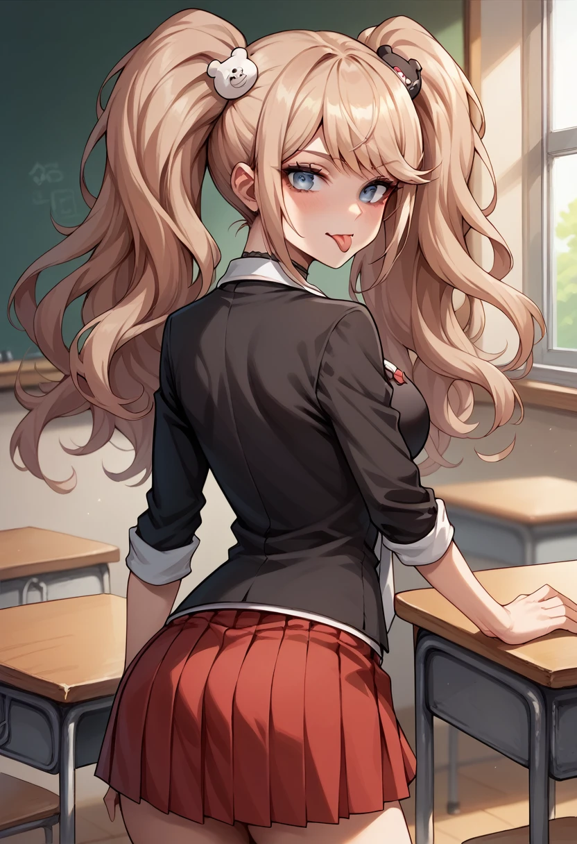 score_9, score_8_up, score_7_up, BREAK, score_9, enoshima junko, tongue out, breasts, twintails, bear hair ornament, school uniform, black shirt, white necktie, red bow, sleeves rolled up, red skirt, choker, looking at viewer, cowboy shot, looking back, from behind, classroom