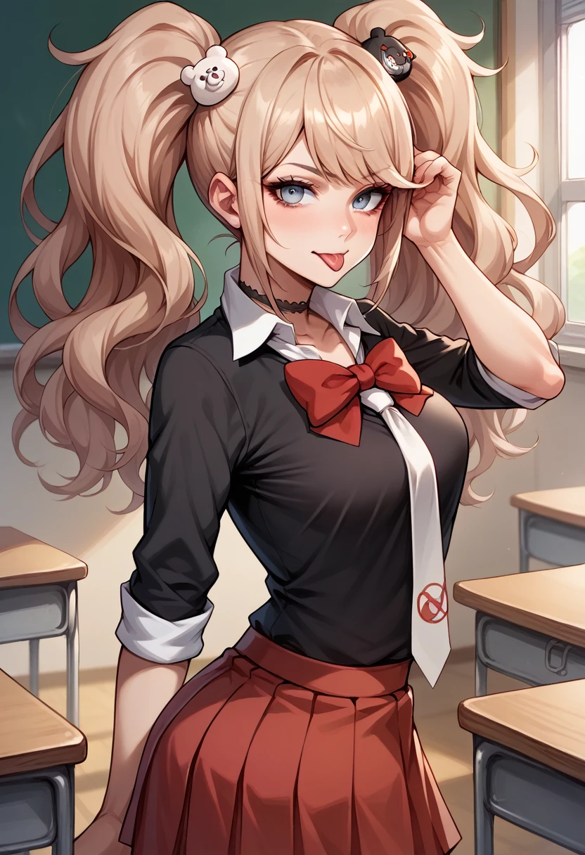 score_9, score_8_up, score_7_up, BREAK, score_9, enoshima junko, tongue out, breasts, twintails, bear hair ornament, school uniform, black shirt, white necktie, red bow, sleeves rolled up, red skirt, choker, looking at viewer, cowboy shot, looking back, from behind, classroom