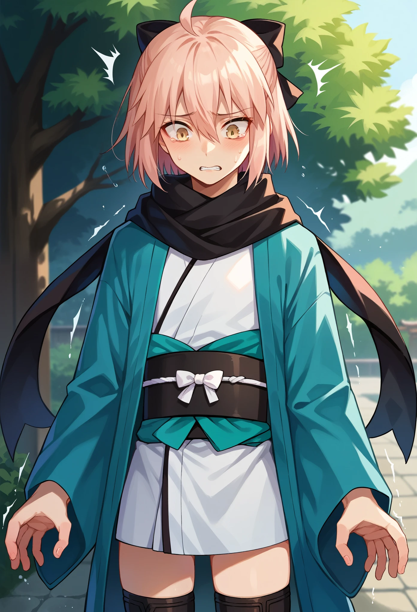 score_9, score_8_up, score_7_up, 1boy, solo, (male:1.5), male focus, androgynous,  small breasts, okita souji, ahoge, pink hair, hair between eyes, hair bow, short hair, yellow eyes, black scarf, black bow, japanese clothes, kimono, sash, scarf, black thighhighs, opened hands, standing, scared, shaking,  cowboy shot, looking down, japanese garden