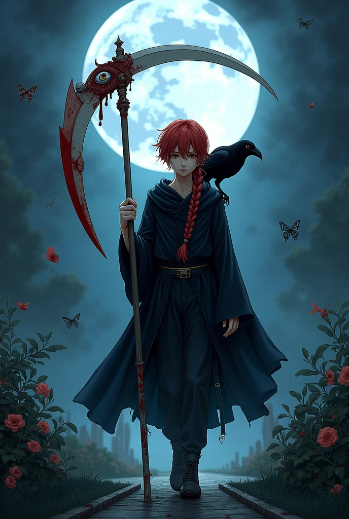 //////masterpiece, best quality, extremely detailed, 3d face, realistic, lustrous skin, (1boy, solo), <lora:Scara_Balladeer:1>, Scara_Balladeer, sitting, full body, shorts, (blood:1.2), sandals, hand on own face, blood on face, outdoors, nature, field, dark, night, red flower, moon, crossed legs,