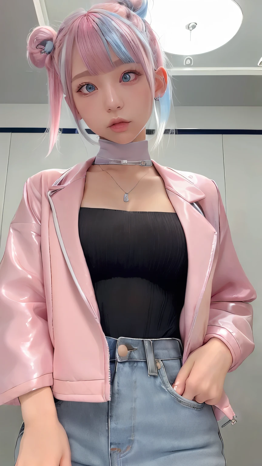Photorealsitic, hight resolution, Korea person, Heterochromia eyes, small moles under eyes,Twin-tailed、poneyTail、Lucy\(cyberpunked\), 1girl in, hair scrunchie, hime-cut, silber hair, Color Chip, fullmoon, grey eyes, jaket, long-sleeve, (Look at viewers), Medium Hair, O cabelo multicolorido, Bangs parting, cparted lips, A pink-haired, Red Eyeliner, red-lips, 独奏, White jacket, cyberpunked\(Series\), Rainy night in cyberpunk city with glowing neon lights,frombelow, (Sitting pose with your knees upright:1.3),(Chic:1.2)