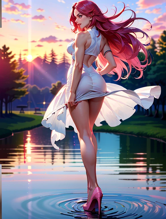 (1 girl, One, One), (Pin up, , Yad_long_hair_Aiwaifu, Yad_long_hair_Aiwaifu, spiky hair, It has, big hair, Very_long_hair, pink hair, pink_hair, big_hair), ((One, (1 woman, pink lipstick), extremely detailed , soft ambient lighting, 4K, Perfect eyes, perfect face, perfect lighting, 1 girl)), ((fitness, , slender body, athletic body, Toned body)) , , ((long dress, white transparent dress,  fits tightly to the body,windblown dress, ((оглYadываясь назад, high heels, Walking on the water)), lake, the forest, sunset))