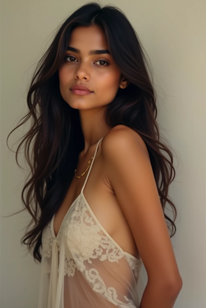 ager girl, tan skin with long curly dark hair posing nude