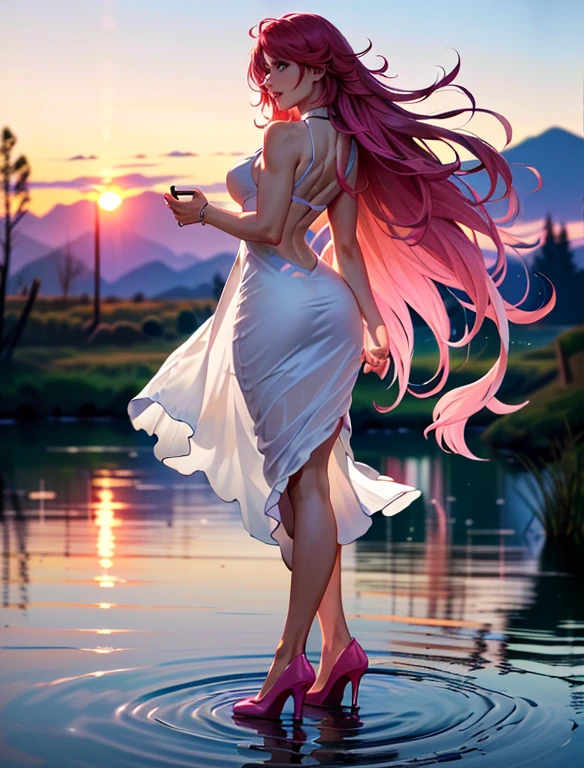 (1 girl, One, One), (Pin up, , Yad_long_hair_Aiwaifu, Yad_long_hair_Aiwaifu, spiky hair, It has, big hair, Very_long_hair, pink hair, pink_hair, big_hair), ((One, (1 woman, pink lipstick), extremely detailed , soft ambient lighting, 4K, Perfect eyes, perfect face, perfect lighting, 1 girl)), ((fitness, , slender body, athletic body, Toned body)) , , ((long dress, white transparent dress,  fits tightly to the body,windblown dress, ((оглYadываясь назад, high heels, Walking on the water)), lake, the forest, sunset))