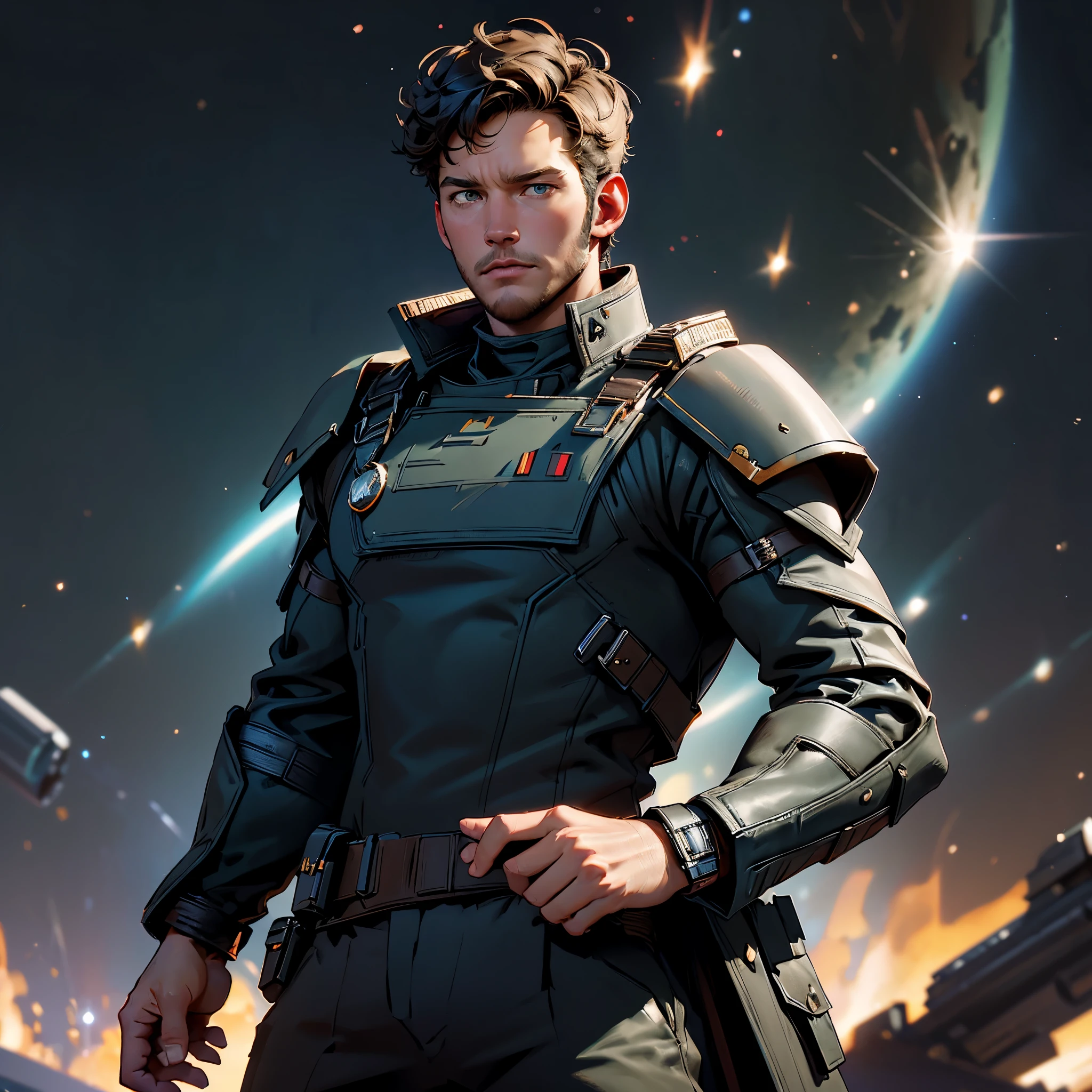 envision a 8k, highres, cinematic, close up of a guy resembling Chris Pratt with a slender body shaggy black hair, clean shaven, long brown coat, military gear, space blasters, star lord costume, in dark lighting, against a dark gray background