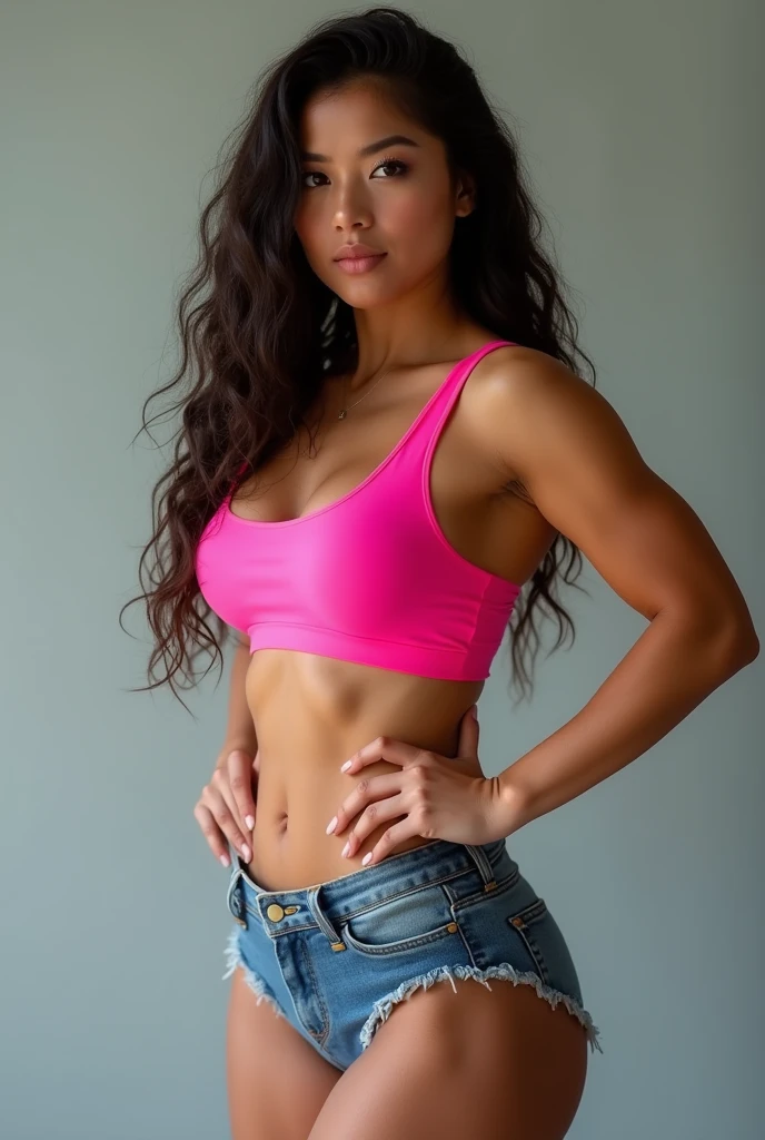 (Imaan Hammam) full body picture of a moroccan woman with long dark brown curly hair, light brown skin and detailed seductive eyes, wearing a grey leggings and pink sports bra, at a gym in morocco, best quality masterpiece, photorealistic, detailed, 8k, HDR, shallow depth of field, wide light, high contrast, backlighting, bloom, light glows, chromatic aberration, sharp focus, RAW color photo shot on Sony a7R IV camera, Meike 85mm F1.8 lens