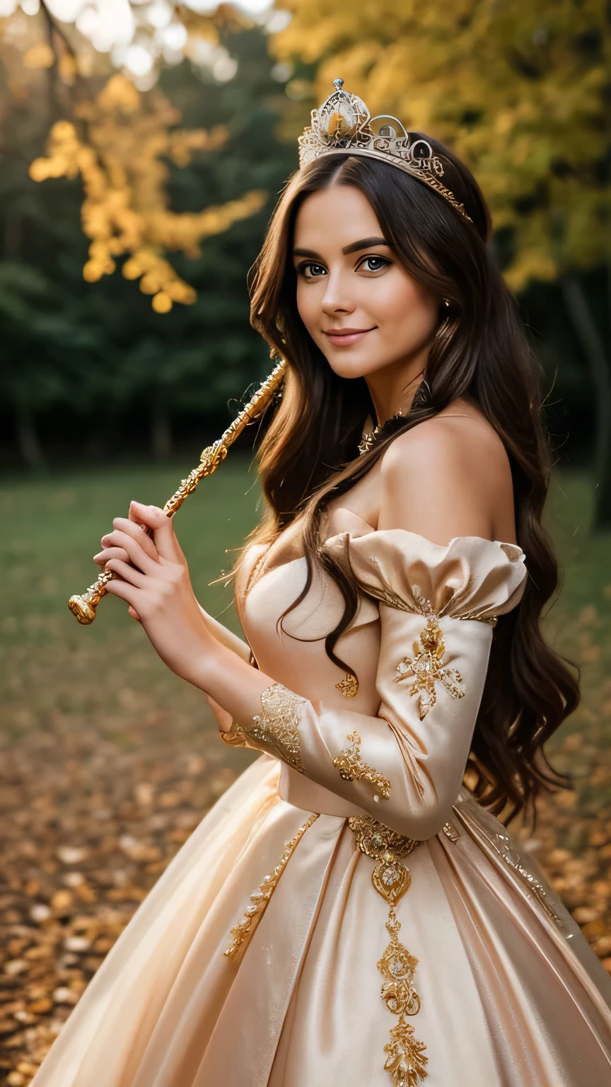 Realistic full body photo of a smiling princess, beautiful brunette magical princess with long hair, She dances in front of the camera in a long princess dress with off-the-shoulder straps made of shiny satin., crown, Park,glamour fotoshooting, transformation, perfect anatomy, perfect brown eyes. Perfect hands with 5 fingers on each hand, Suitable woman , look into the camera, 1 Frau. (Eye make up:1.1), (highly detailed skin:1.1), spirit, analog style, keen focus, 8K  UHD, dslr, good quality, Fujifilm XT3, Grain, Award-winning, ​masterpiece. Ball, She holds a long golden staff in her hands. Cast a spell. Leaves become jewelry