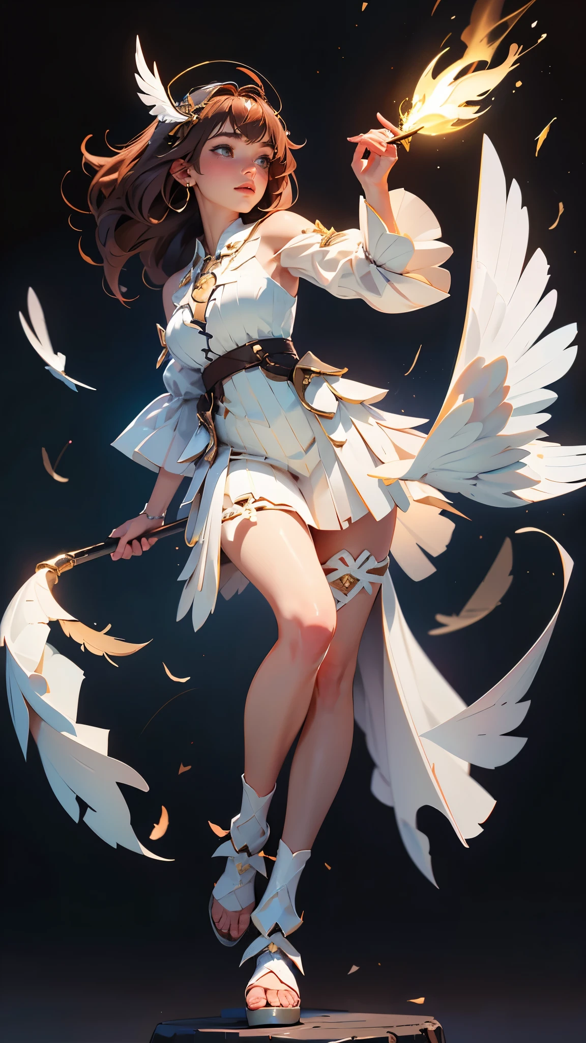 envision a 8k, highres, cinematic, beautiful full body Pinup of a sexy older mature goddess with a strong face, brown hair, long bangs, blue eyes, halo, waist wings, heavenly dress, heavenly feather cape, bare feet, soft thighs, feathers on her thighs, golden aura, magic effects, pale skin, (((1girl))), in dark lighting, against a dark gray background