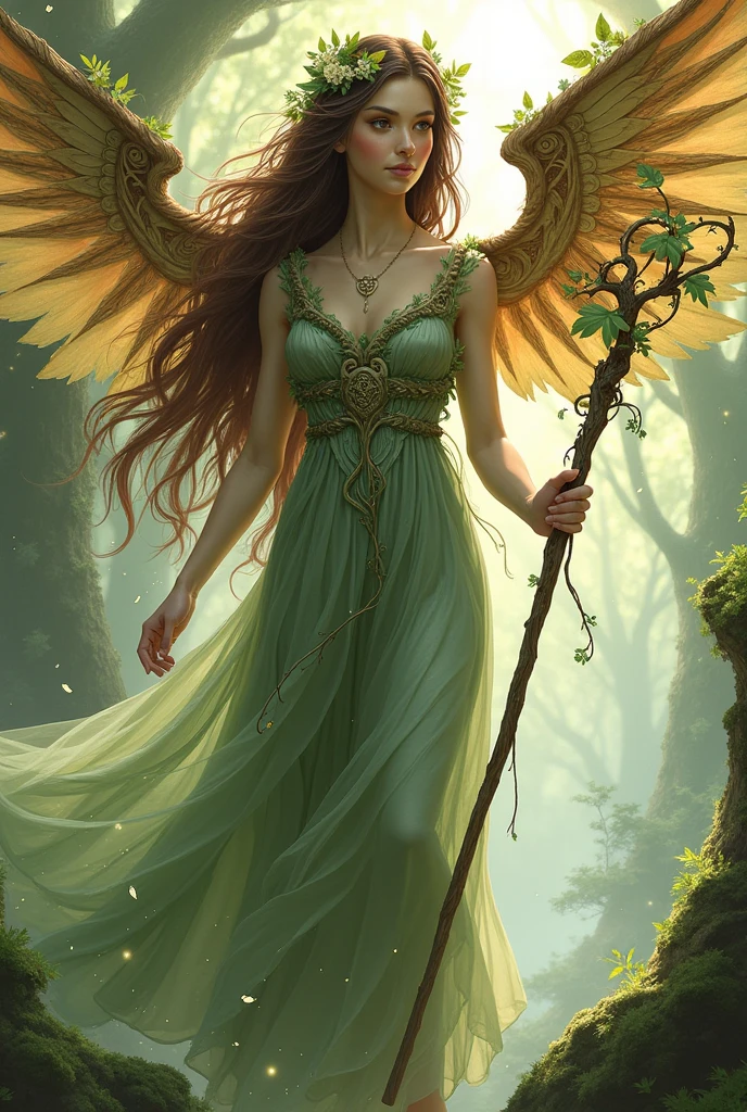 epic closeup photo portrait, amazing movie poster, A beautiful young woman fairy with wings, lord of the rings style, dressed in long brightnes green smooth cloth , placing the saber on his chest with a fierce face, by side a stream, natural light, a beautiful forest is visible through the branches, trending on artstation,professional photo studio, uhd, hi detailing, dramatic lighting, back light,best quality, high quality, highres, morning dew natural day lighting, studio lighting,detail enhancement, high resolution fix, depth of field, film, lineart, sharpen.