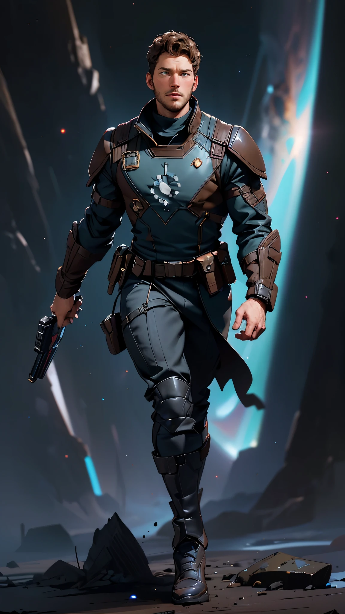 envision a 8k, highres, cinematic, full body pinup of a guy resembling Chris Pratt with a slender body shaggy black hair, clean shaven, long brown coat, military gear, space blasters, star lord costume, in dark lighting, against a dark gray background