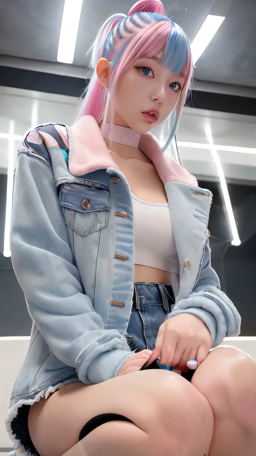 Pink Hair、Blue Eyes、Beauty、She has her bangs down、long hair、gorgeous、Long eyelashes、Big Eyes、Earrings、Wearing a see-through jacket、naked、Cleavage、whole body、Great thighs、Beautiful legs、Beautiful abs、Slimy skin、Oily skin、White skin、Light reflecting skin、Glossy finish、Realistic details、Perfect body