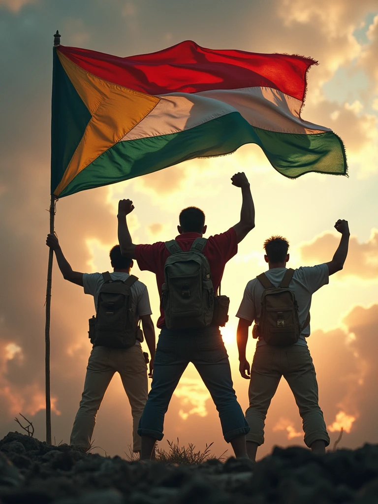 Green earth with red outline with hands of fighters carrying rifles and sticks with flag of Bangladesh waving with gold flakes in air in piqturesque view 