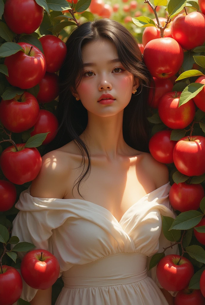 Beautiful Chinese woman in her 30s。Facing the front, the mouth is wide open。The expression is、Sexually lewd expression。On his head he wears a large peeled peach.。The chest is wide open。There are peaches all around。Covered in peaches。