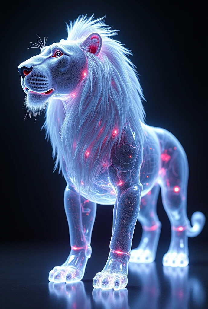 Internet male lion with transparent skin, whole body, White skeleton, Neon parts, There is fire in the background, photo