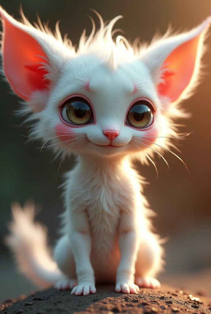 A male furry with soft pastel-colored fur, slender figure, pronounced breasts, pointy ears, long tail and large, expressive eyes, with soft facial features that accentuate a feminine appearance.