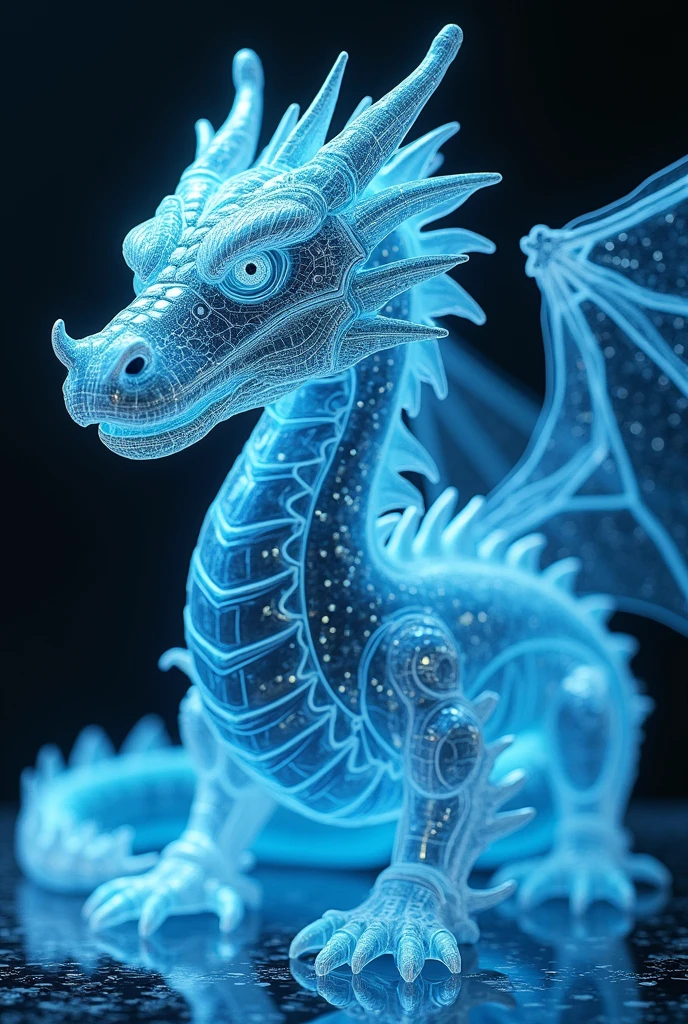 (masterpiece:1.2,Exceptional Quality,mirror-like,Cinematic Experience,Photorealistic:2.0,RAW Photos:2.0,Super detailed),8k,wallpaper,(Representing full body blueprints through holograms:2.0),(translucent dragon:2.0), a dragon ,(Design of A NEON Cyborg dragon:2.0),(Draw the front view:2.0),(Avant-garde design:2.0),(Drawing detailed blueprints:2.0),(Numerous notes about the settings:2.0)