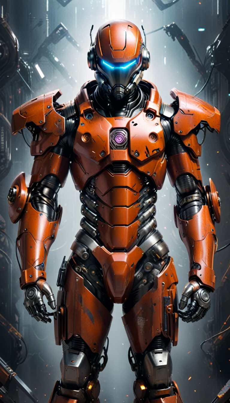 wearing a mechanical suit, Mechanical marvel, cyber punk, Cyber Guardian, futuristic armor, whole body, front pose, symetry, intrikate (steel metal [rust]), joints, war style, cyborg, male body and armor, chainsaw man  