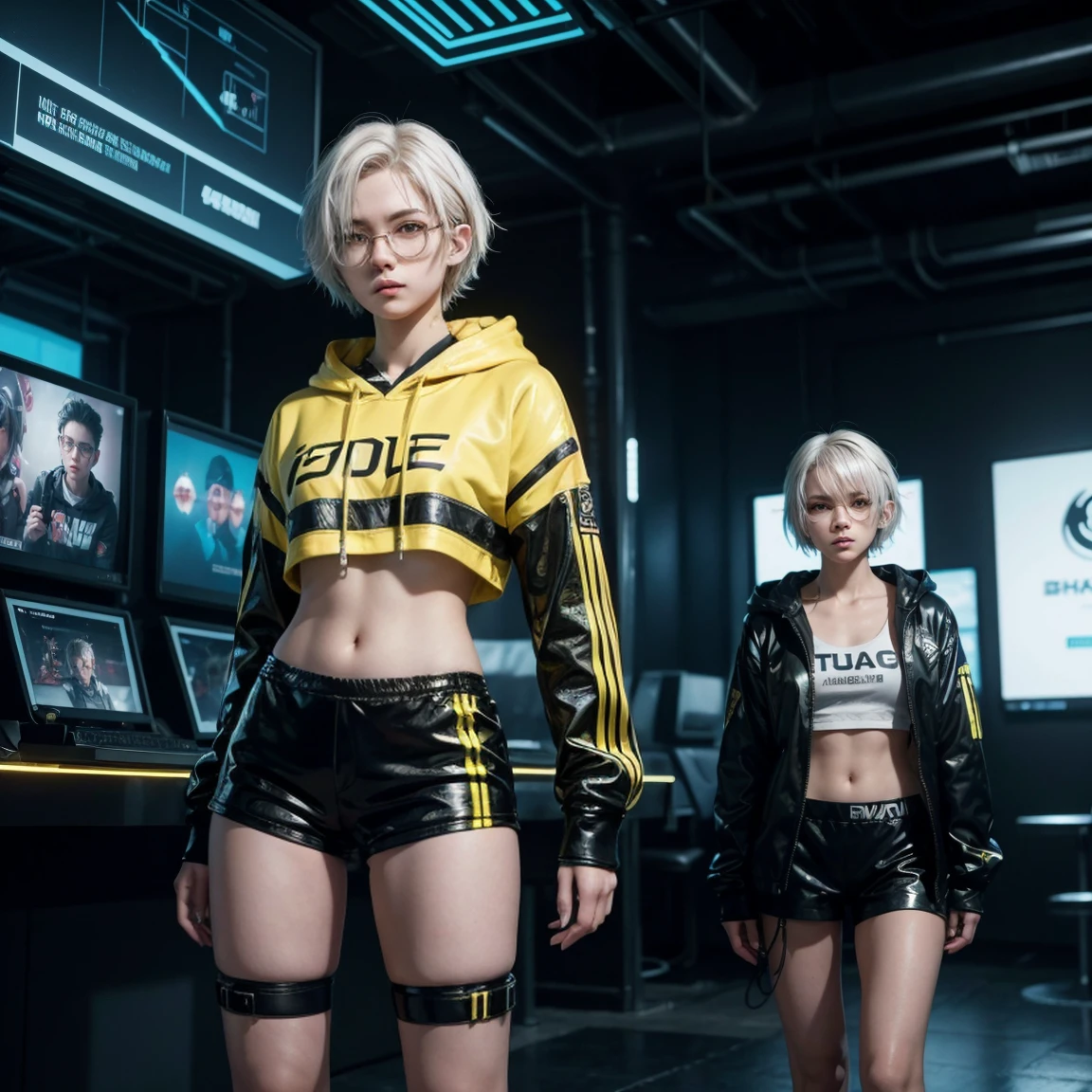 ((No hair, Shaved head, Buzz cut hair)), ((background:Boulevards in the city:1.4)), ((Looking at a camera in a parallel position:Looking at the front:Watch the audience:1.5, Light from the front, Full Body Shot:1.2)), (masterpiece、Highest quality、Official Art), ((((Yellow Jacket, Black shorts, Black Gloves, Long boots in black color, White knee-high socks, belt on thigh)))), ((topless, Underless, Bare, Exposed female genitalia, Voluptuous bust, Big Breasts, Narrow waist, A broken back, Rounded ass, Complete the whole body, Full body image, Mid-chestBREAK, Perfect proportions, sexy, Alluring, Large Breasts, Teardrop-shaped breasts, Navel exposed, 体の真ん中のExpose the skin, Exposed, Expose the skin, Narrow waistと太いヒップ, Toned waist, Beautiful shaped hips, Belly button pussy, Lower abdomen exposed, Completely nakedの女性だけの仕上がり, Completely naked, I don't wear underwear, Do not wear clothes)), ((Glowing Skin, Realistic:1.9, Very detailed, 究極的にRealistic details, 究極的にRealistic texture, Ultimate in exquisite detail, Professional photos, 女の子のsexyなポートレート, Highest quality, suzune))