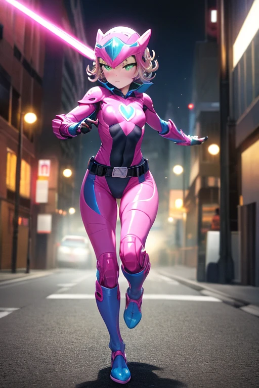 Masterpiece, best quality, ultra detailed, illustration, lighting epic, cinematic composition, 1 girl, Tatsumaki, short hair, very small breasts, green eyes, bright eyes, pouting, blushing, closed mouth, piercing gaze, full body, biker helmet, biker helmet with blue headphones on the sides, flashlight on her forehead, sprouting from her helmet, black collar, tall, athletic, circles on her wrists, pink detailing, black fingerless gloves, pink wrist guards, nanotech speedster suit resembling light armor, blue chest with an emblem, blue chest, black suit with pink lines, pink speed emblem on her chest, pink emblem, blue pants, gray knee pads, metallic pink boots, white superhero belt, running through the city, pink light trail, laser, city background, looking at viewer, anime