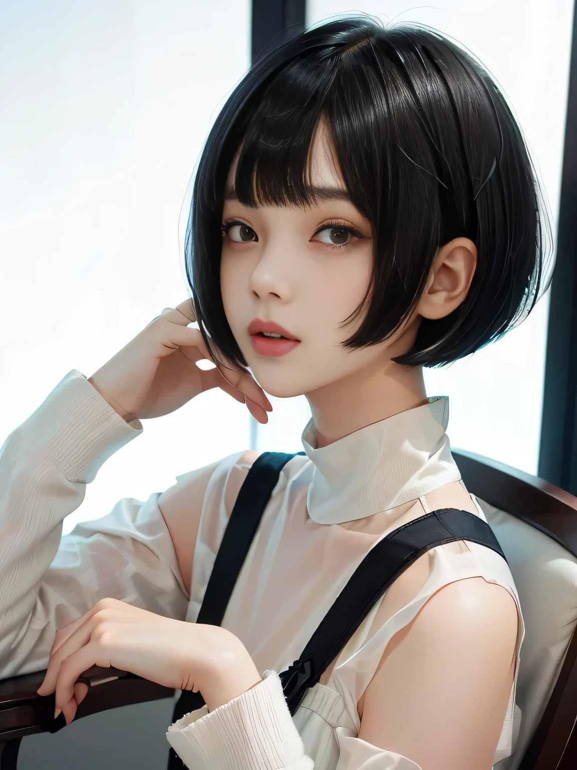 {negative space:up},{{{Space above head}}},
{{{depth of field}}},{Blur the background}{A 18 yo girls with black hair in salon with chair}, {Short Hair}, {with a Bobcut}, {Black Hime cut Hair}, {black Bobcut hair}, {Hime cut}, , Hime cut Hair, Short black hair, Short Hair with bangs, Bobcut, Bobcut hair, Black bob hair,{{{White background:1.6}}}