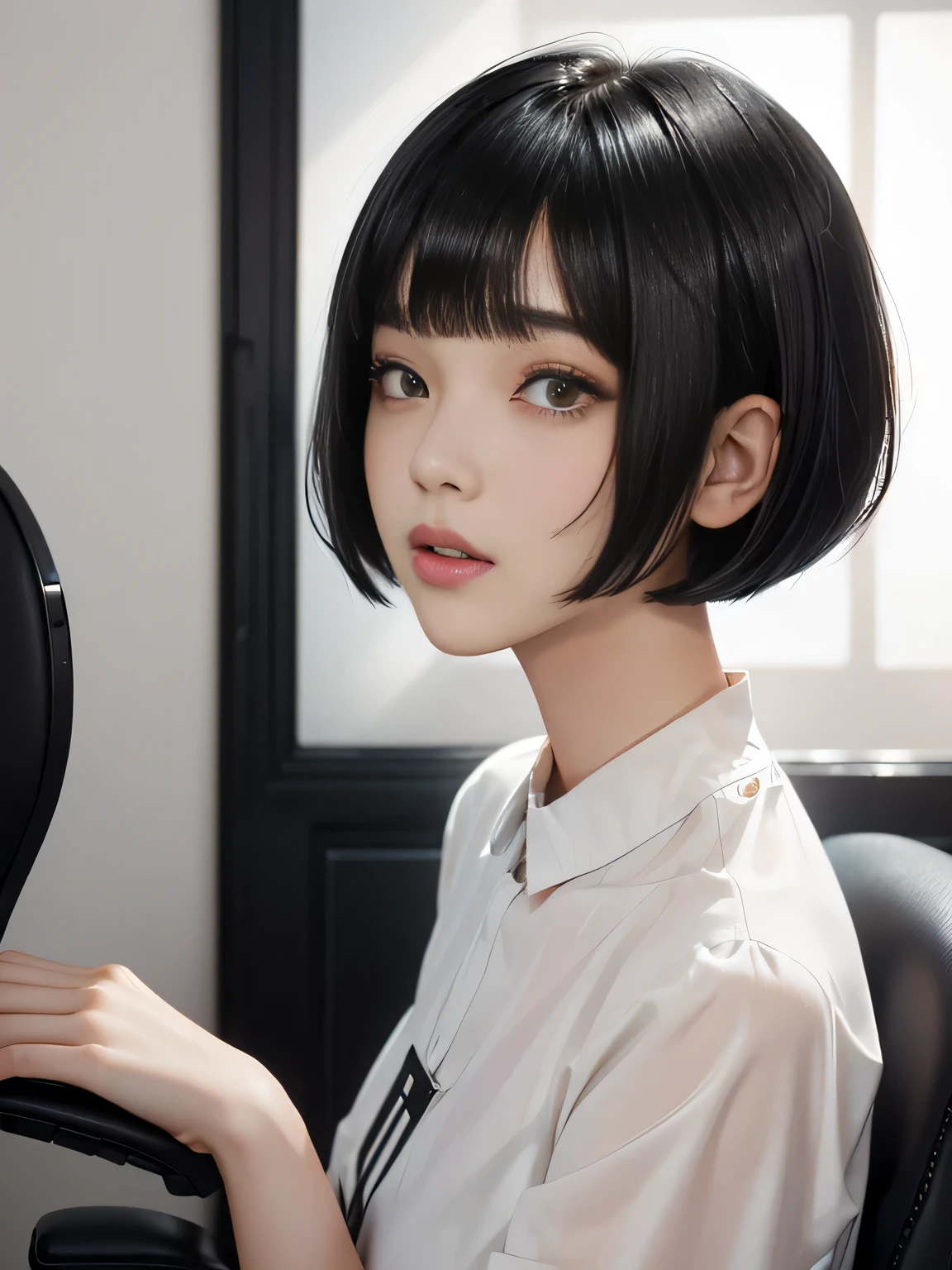 {negative space:up},{{{Space above head}}},
{{{depth of field}}},{Blur the background}{A 18 yo girls with black hair in salon with chair}, {Short Hair}, {with a Bobcut}, {Black Hime cut Hair}, {black Bobcut hair}, {Hime cut}, , Hime cut Hair, Short black hair, Short Hair with bangs, Bobcut, Bobcut hair, Black bob hair,{{{White background:1.6}}}