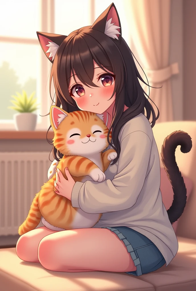 Brunette,Straight hair,cat&#39;s ears,pink eyes,blue sweater with pink cat.