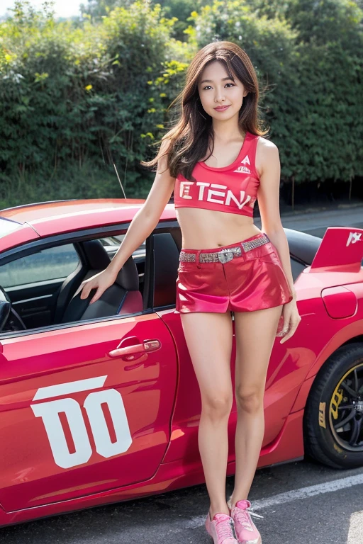  pit of Circuit,  on race road, standing pose,Front view, solo  , Japanese girl , 20-age-old, (light brown hair,  middle hair, fringe, little lip, thin face, little smile) ,(Japanese race Queen fashion red tank-top,  red miniskirt , (Tank top print, behind logo of bridge-stone, front logo of TOYOTA), pink race shoes,shell logo.   (masterpiece, Highest quality, masterpiece, God-like quality, Godly art, Very realistic)