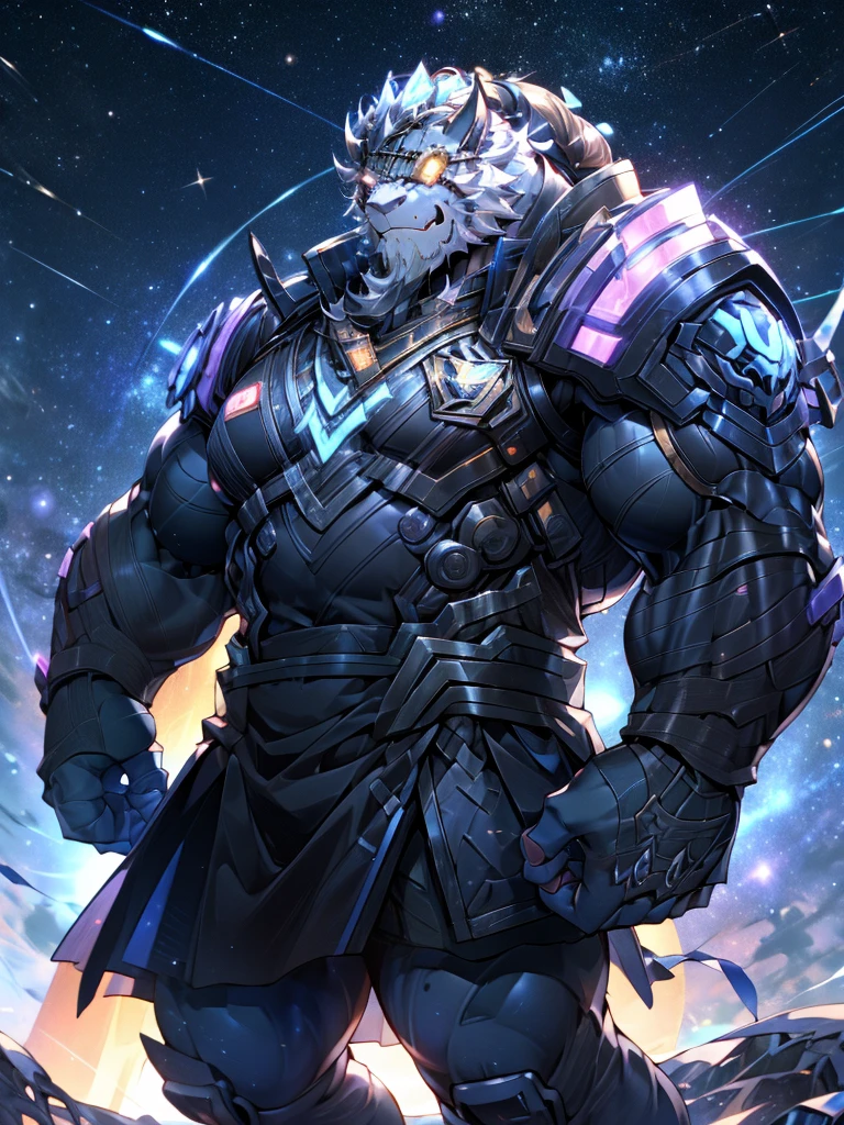 muscular black dragon, pectoralis major, Heavyweight, Bodybuilder figure, Wearing cyberpunk mechs, skirt, Large lumps, Gaze at the Milky Way from a spacecraft, In the Universe, Big smile emoji, Shiny skin, Vibrant colors, 4k, realism, Cool lighting