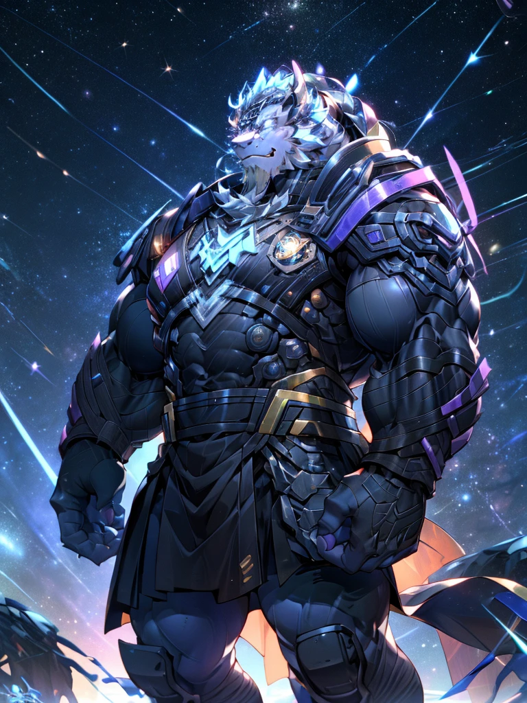 muscular black dragon, pectoralis major, Heavyweight, Bodybuilder figure, Wearing cyberpunk mechs, skirt, Large lumps, Gaze at the Milky Way from a spacecraft, In the Universe, Big smile emoji, Shiny skin, Vibrant colors, 4k, realism, Cool lighting