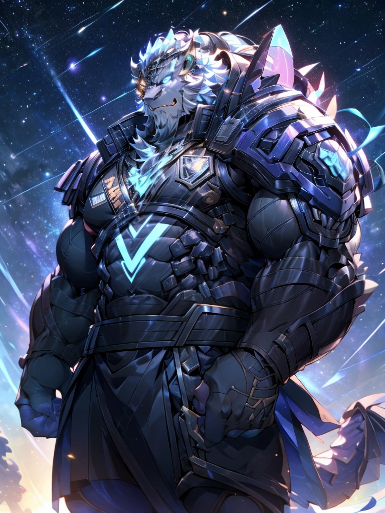 muscular black dragon, pectoralis major, Heavyweight, Bodybuilder figure, Wearing cyberpunk mechs, skirt, Large lumps, Gaze at the Milky Way from a spacecraft, In the Universe, Big smile emoji, Shiny skin, Vibrant colors, 4k, realism, Cool lighting