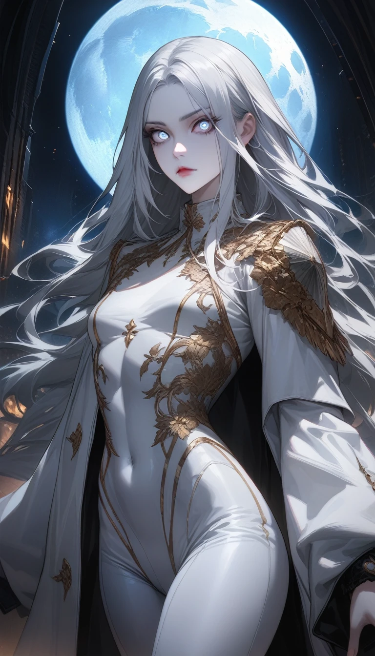 masterpiece, best quality, (alone focus), (perfect face:1.1), (high detail:1.1),dramatic, 1 person, (pale skin), long white hair, white eyes, alone, long hair, moon, night, white luxury suit, vampire, cover navel, Pouting, cover, victoria city, Detailed background, gothic renaissance, movie lighting,