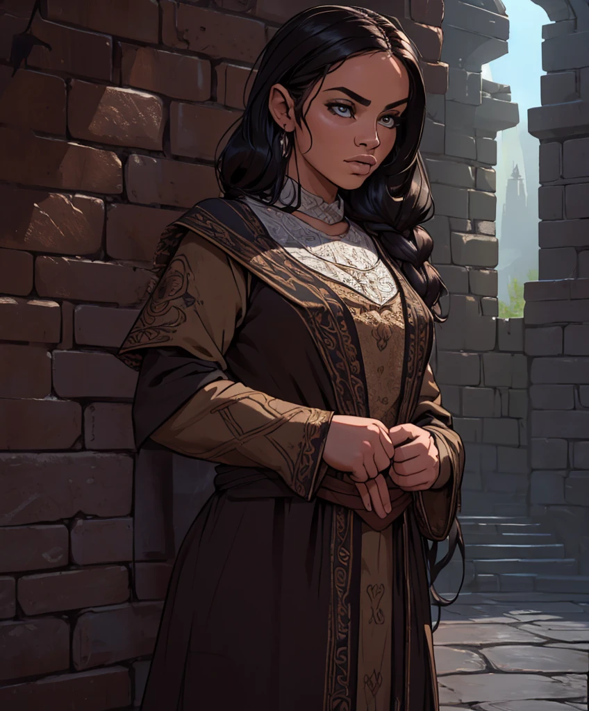 Solo focus.  Single character image. (((Dressed in traditional medieval fantasy attire for a dark fantasy game.)))  (((Appears to be 20 years old with youthful looks.))) (((Dungeon background.))) (((Dressed in medieval fantasy attire.))) Female fantasy character.  Human.  Dark clothing.  Exciting.  Frustrated expression.  Looks like a cute girlfriend.  Long black hair in pigtails.  ultra detailed, epic masterpiece, ultra detailed, intricate details, digital art, unreal engine, 8k, ultra HD, centered image award winning, fantasy art concept, digital art, centered image, flirty, best quality:1.0,hyperealistic:1.0,photorealistic:1.0,madly detailed CG unity 8k wallpaper:1.0,masterpiece:1.3,madly detailed photo:1.2, hyper-realistic lifelike texture:1.4, picture-perfect:1.0,8k, HQ,best quality:1.0,