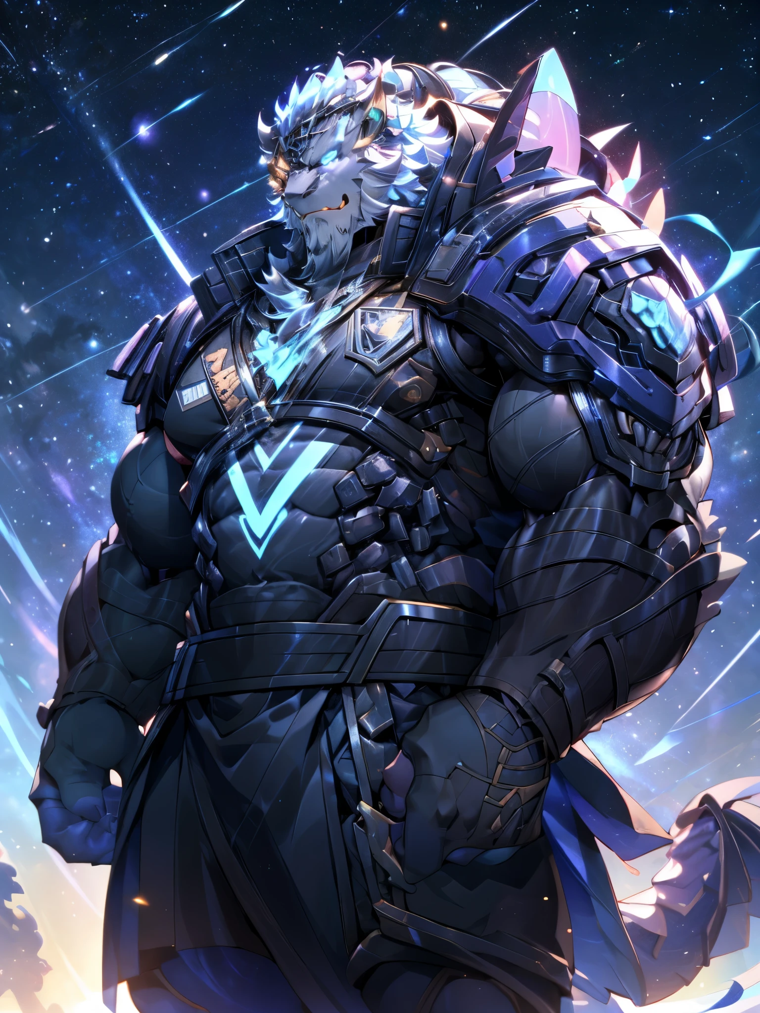 muscular black dragon, pectoralis major, Heavyweight, Bodybuilder figure, Wearing cyberpunk mechs, skirt, Large lumps, Gaze at the Milky Way from a spacecraft, In the Universe, Big smile emoji, Shiny skin, Vibrant colors, 4k, realism, Cool lighting