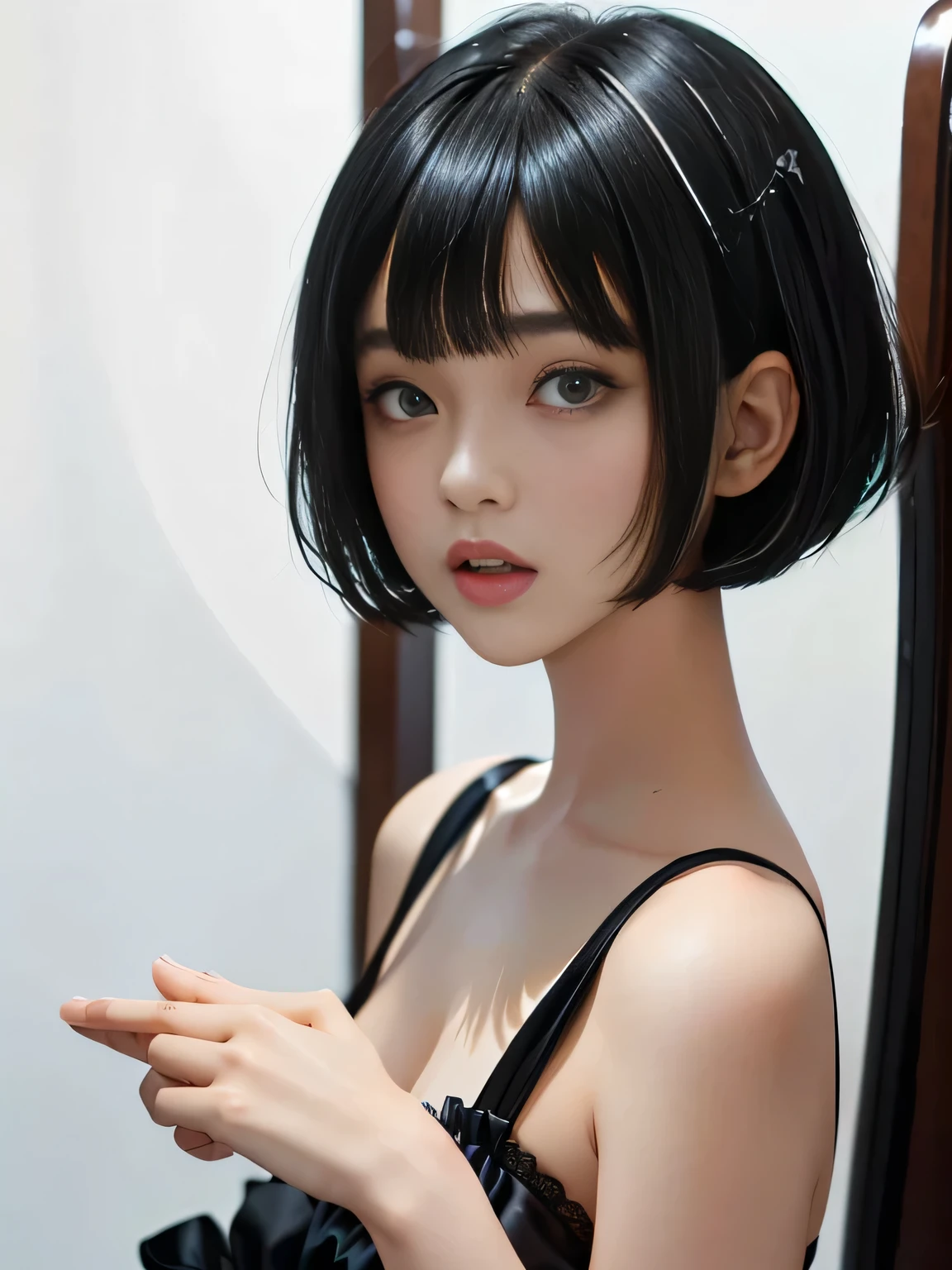 {negative space:up},{{{Space above head}}}, {{{depth of field}}},{Blur the background}{A 18 yo girls with black hair in salon with chair}, {Short Hair}, {with a Bobcut}, {Black Hime cut Hair}, {black Bobcut hair}, {Hime cut}, , Hime cut Hair, Short black hair, Short Hair with bangs, Bobcut, Bobcut hair, Black bob hair,{{{White background:1.6}}}
