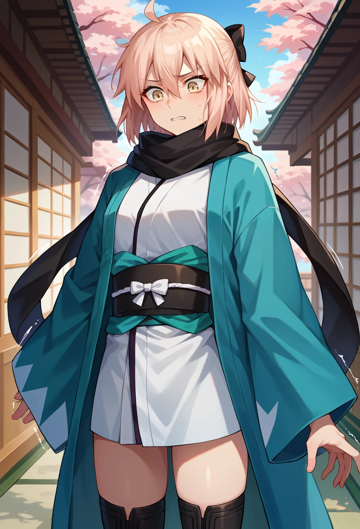 score_9, score_8_up, score_7_up, 1boy, solo, androgynous, medium breasts, okita souji, ahoge, pink hair, hair between eyes, hair bow, short hair, yellow eyes, black scarf, black bow, japanese clothes, kimono, sash, scarf, black thighhighs, opened hands, standing, scared, shaking,  cowboy shot, looking down, japanese garden