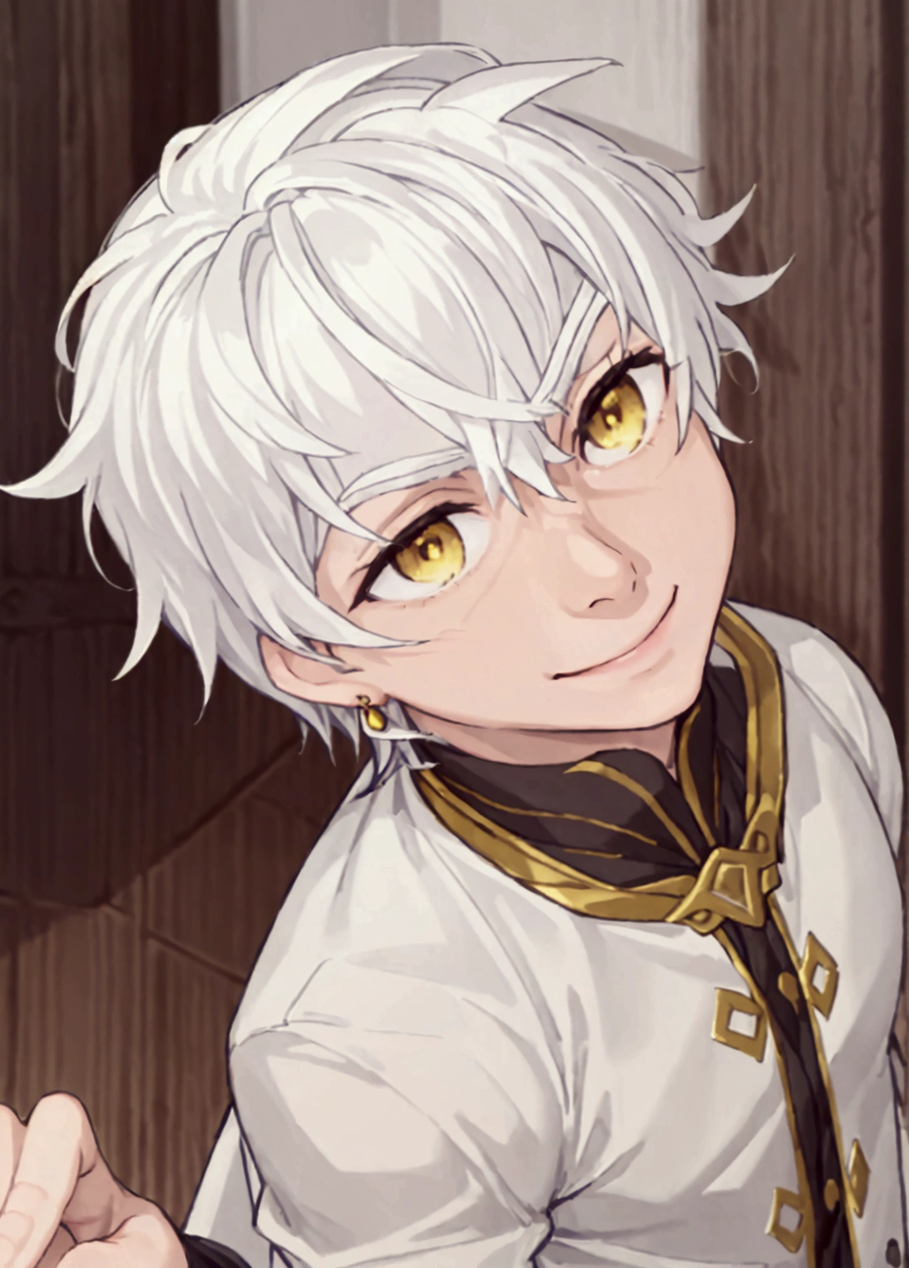 masterpiece, best quality, , 1boy, solo, male focus, depth of field, regulus_corneas, white hair, yellow eyes, jewelry, long white jacket, sly eyes, sly smile, shaded face