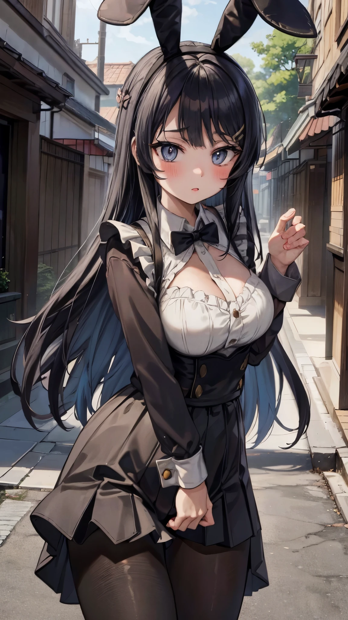 masterpiece, detailed, vibrant colours. best quality, highres, absurdres, 1girl, sakurajima mai, solo focus, outdoors, street, long black hair, bunny ears, wearing a black suit with white shirt and bowtie, stockings with garters, maid-inspired outfit, detailed facial expression, large eyes, soft lighting, intricate background with subtle light effects, slightly blushing, standing in a confident pose