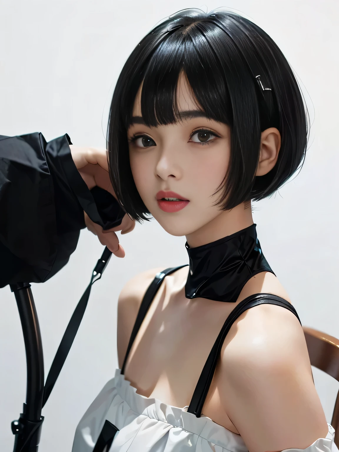 {negative space:up},{{{Space above head}}}, {{{depth of field}}},{Blur the background}{A 18 yo girls with black hair in salon with chair}, {Short Hair}, {with a Bobcut}, {Black Hime cut Hair}, {black Bobcut hair}, {Hime cut}, , Hime cut Hair, Short black hair, Short Hair with bangs, Bobcut, Bobcut hair, Black bob hair,{{{White background:1.6}}}
