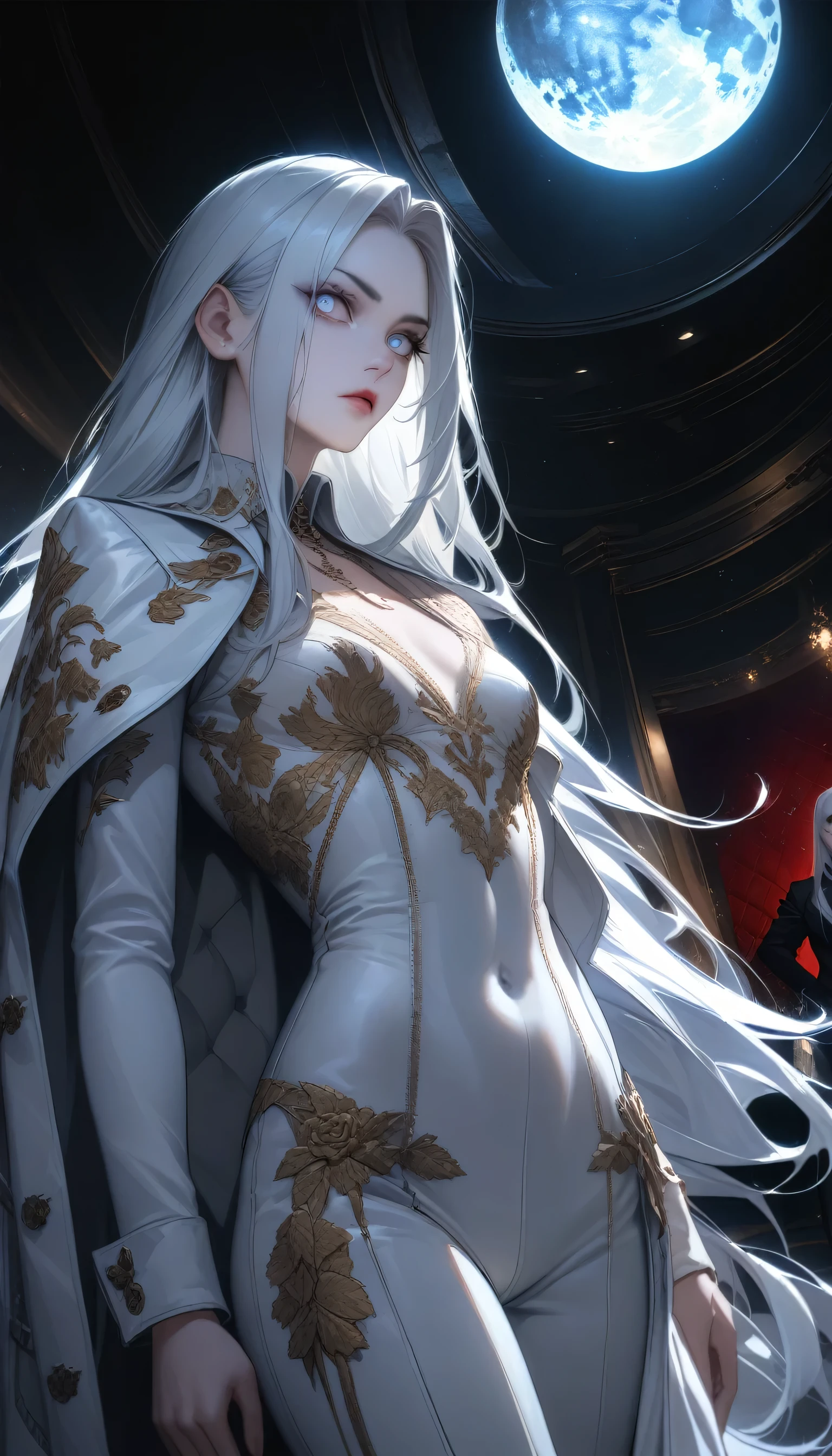 Wide shot, Wallpaper, 8k, best masterpiece, cinematic lighting, soft and natural, mysterious, erotic, nsfw, ((1girl)), alluring, (a mature woman with long white hair wearing a black slutty off shoulder dress with delicate earrings standing elegant in the distance: 1.1), perfect face, beautiful red eyes, long eyelashes (background:gothic style graveyard with fog)