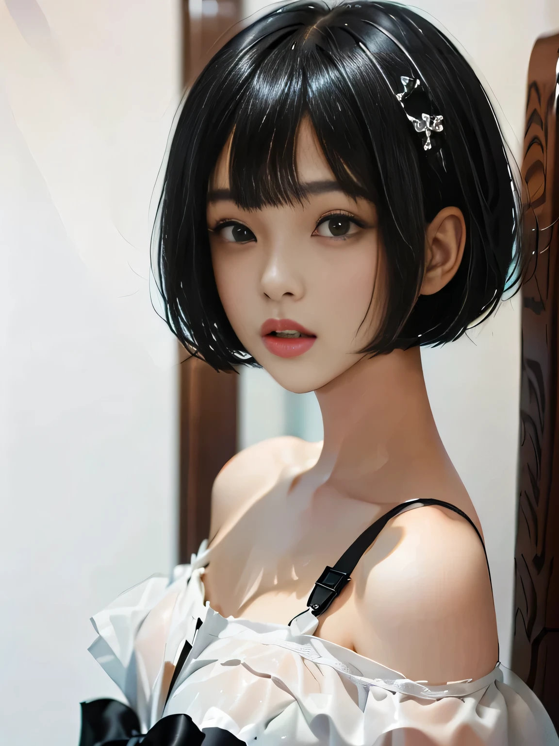 {negative space:up},{{{Space above head}}}, {{{depth of field}}},{Blur the background}{A 18 yo girls with black hair in salon with chair}, {Short Hair}, {with a Bobcut}, {Black Hime cut Hair}, {black Bobcut hair}, {Hime cut}, , Hime cut Hair, Short black hair, Short Hair with bangs, Bobcut, Bobcut hair, Black bob hair,{{{White background:1.6}}}
