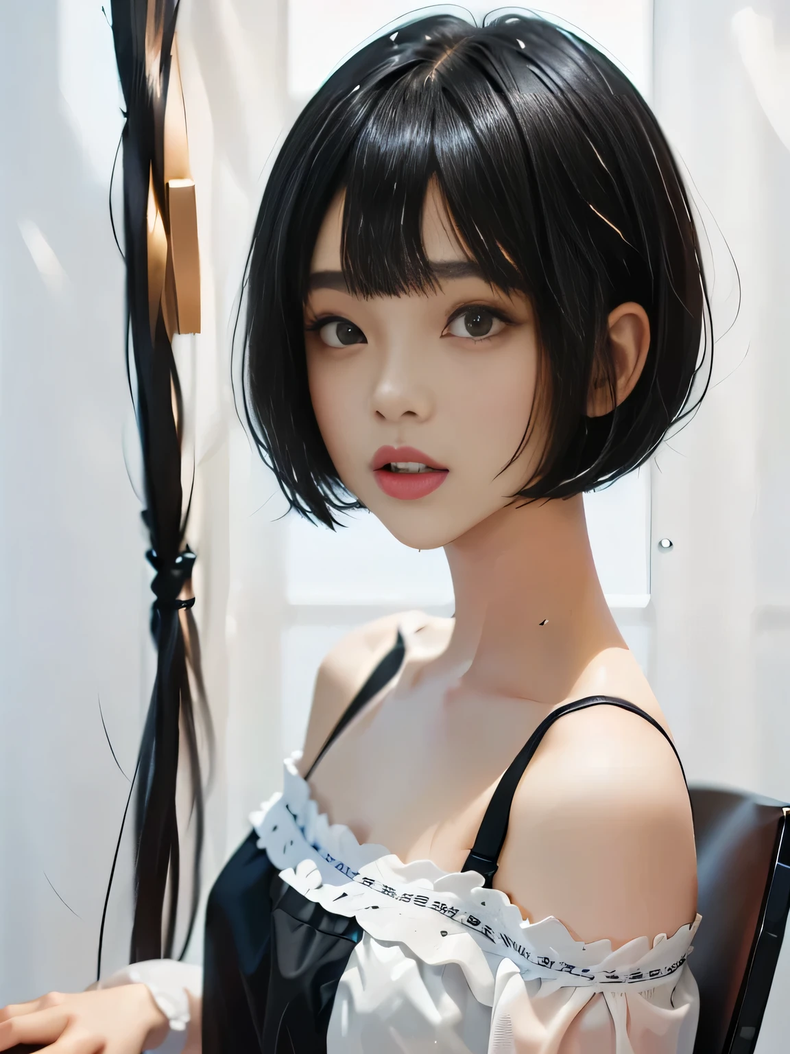 {negative space:up},{{{Space above head}}}, {{{depth of field}}},{Blur the background}{A 18 yo girls with black hair in salon with chair}, {Short Hair}, {with a Bobcut}, {Black Hime cut Hair}, {black Bobcut hair}, {Hime cut}, , Hime cut Hair, Short black hair, Short Hair with bangs, Bobcut, Bobcut hair, Black bob hair,{{{White background:1.6}}}
