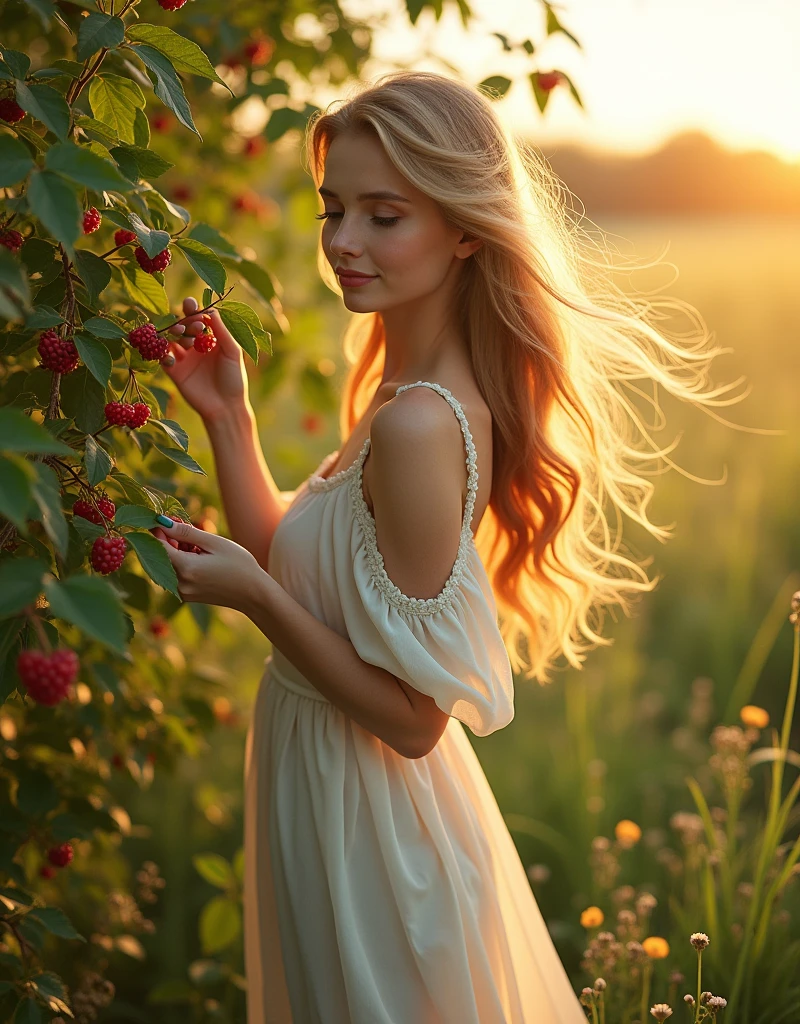 arafed woman picking berries from a bush in a field, a picture by Juergen von Huendeberg, shutterstock, digital art, cute woman, gorgeous woman, beautiful woman, gorgeous lady, woman, natural beauty, gorgeous female, beautiful image, attractive girl, summer morning light, abundant detail, attractive woman, beautiful female, beautiful girl, beautifully lit