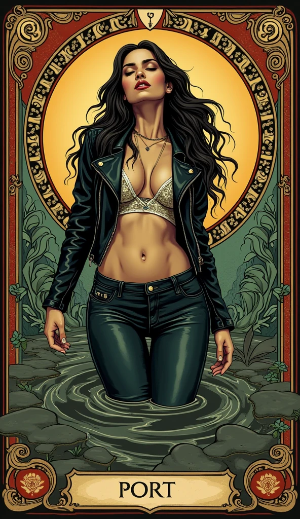 Flyer, woman in swimsuit, Mexican decoration, Satan,
vector flat, gold, black,
Aaron Horkey,
masterpiece, ultra high res, high quality,
