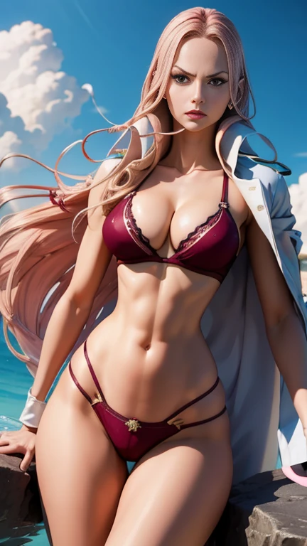 Hina one piece, 8k, realistic 1.5, perfectbody, perfect quality eyes, olhos azuis, Hina, 1 girl, cabelo rosa, Waist slender, athletic body, hair slicked back, long hair, gazing at viewer, diaphragm, pose, smiling, standing alone, standing, tummy, lingerie rosa, very long hair, plein-air, mar