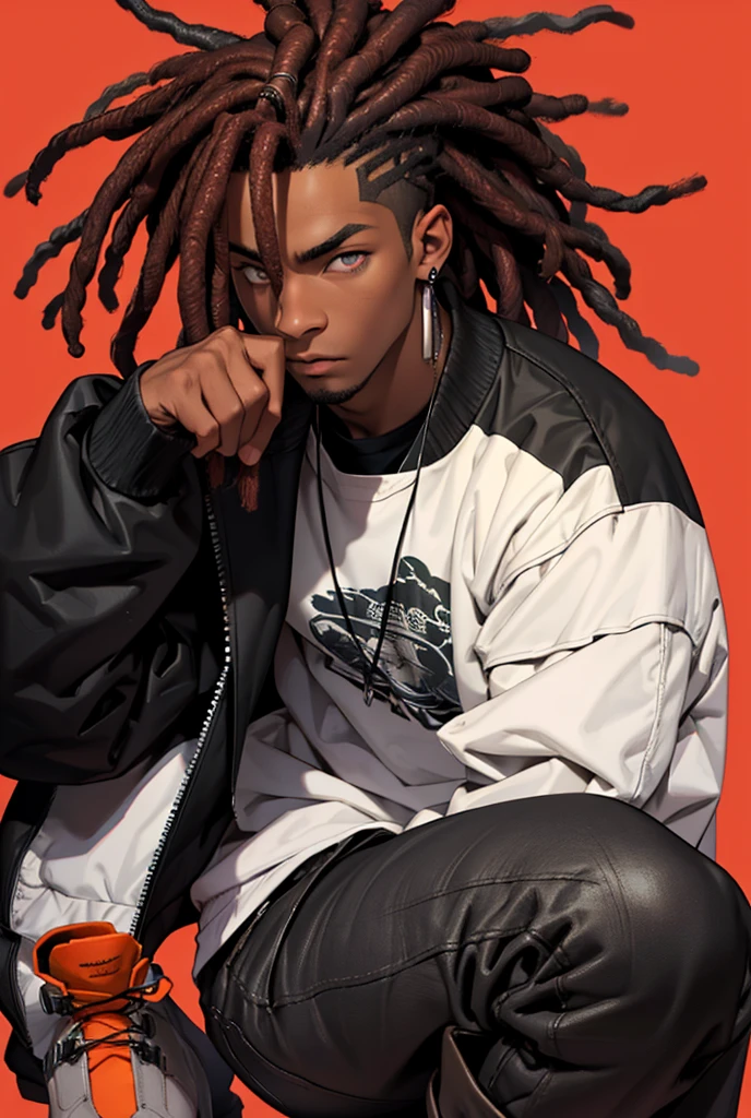 Dark brown, almost black skin, long red dreads that fade to a dark green at the end, Obsidian colored eyes. Usually wears a black tank top with jeans and timberland boots (black). to top it off, he wears a varsity jacket.Solo, High Resolution, Masterpiece, Accurate, Award Winning, Best Quality, High Details, Simple background, Illustration, male, black male, asian black male, solo male, college guy, early twenties
