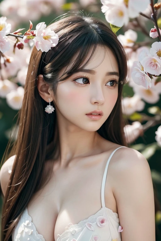(highest quality, Super detailed, realistic:1.37), Professional, detailed and beautiful eyes, beautiful detailed lips, detailed facial features, natural skin tone, perfect skin texture, delicate expression, high resolution images, realistic face, realistic skin, simple face, natural smile, highly detailed hair, (Yuki), 20-year-old, (Calm Japanese college girl), Standing under a cherry tree in full bloom. Her slim figure and flowing hair、In harmony with the surrounding natural beauty。. The high-resolution image captures Super detailed realism, highlighting Yuki's captivating eyes, delicate lips, and smooth skin tone. The soft pink hue of cherry blossoms、A stunning visual representation of tranquility and Japanese aesthetics.。.