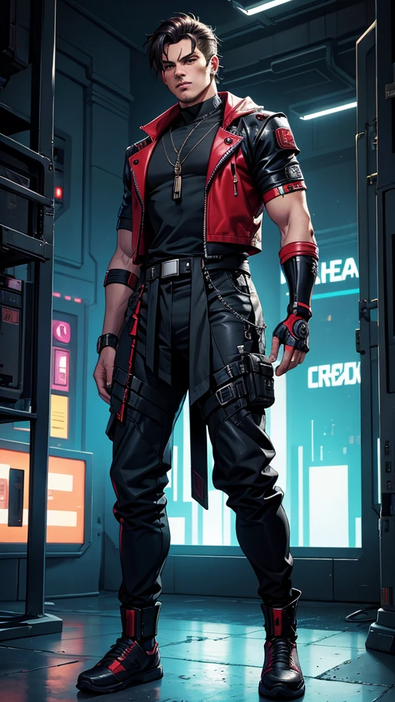 "crie um homem, fully body, wearing a neoclassical cyberpunk outfit similar to the Flah&#39;s uniform with red and gold colors,. The costume must be detailed, with elements that reflect the aspects of a light speed power. The style should be inspired by Marvel Comics and DC Comics, with a powerful and imposing appearance, showing him running at high speed on a track, 8k, in the best possible quality."