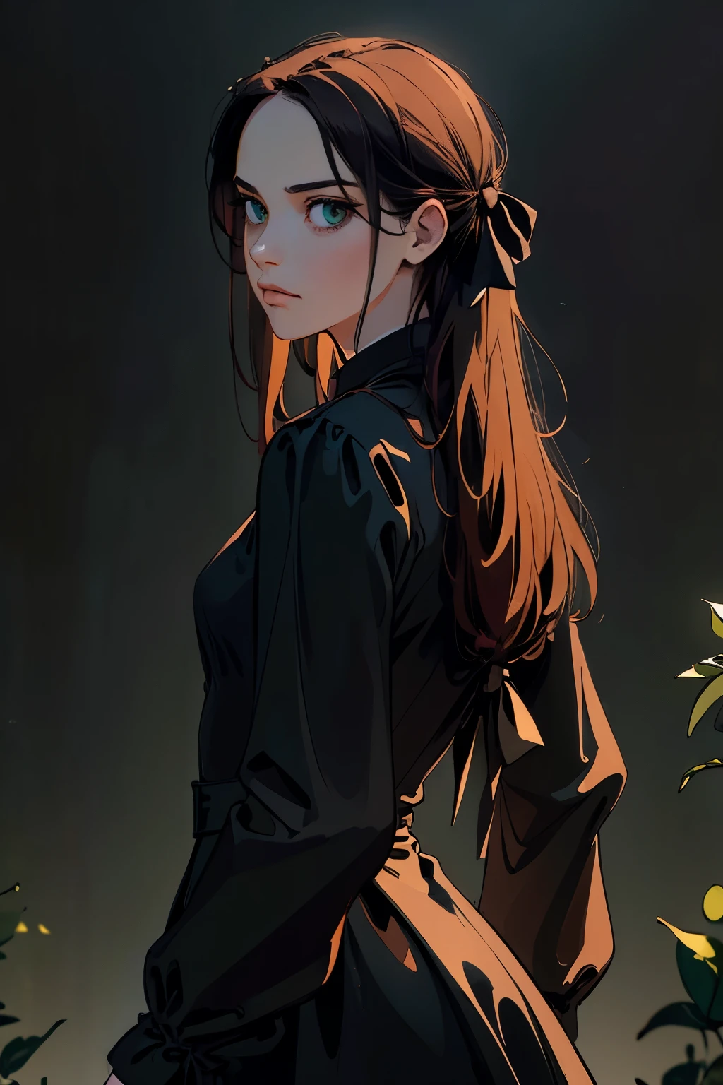 ((masterpiece, best quality)),best aesthetic,1girl, solo, long hair, black dress, flower, ribbon, black background, black hair, rose, hair ribbon, green eyes, long sleeves, white rose, closed mouth, black ribbon, upper body, cinematic lighting